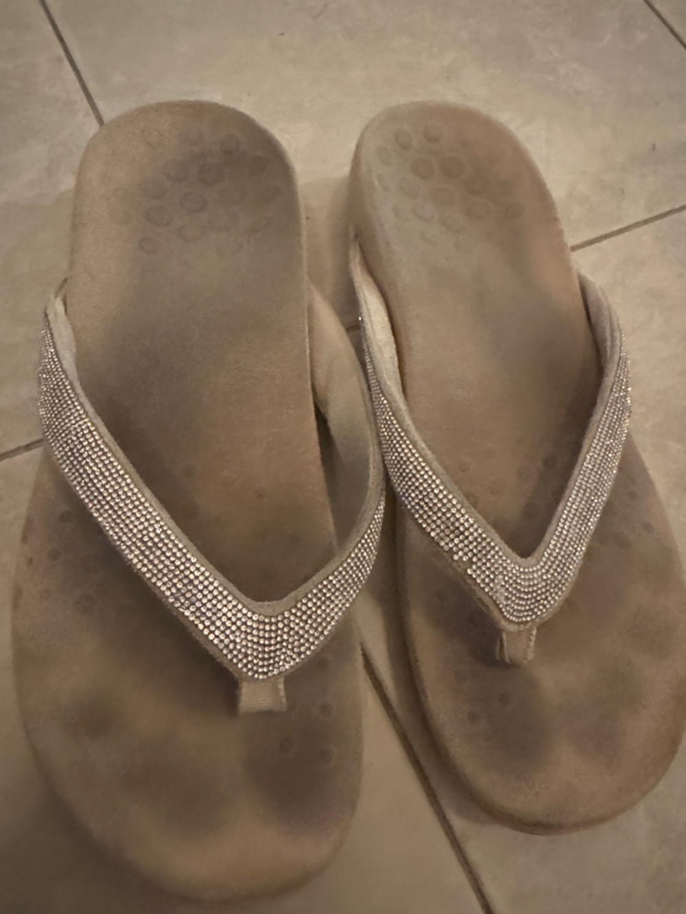 Vionic Tan Suede Rhinestone-Embellished Thong Sandals
